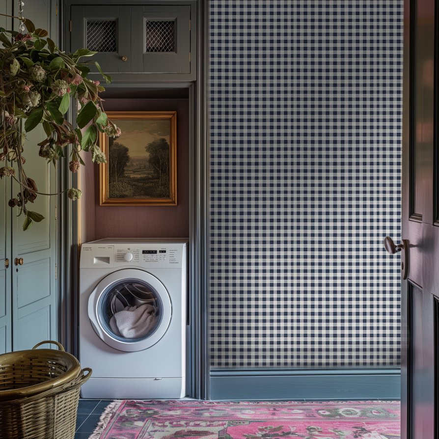 Dark Blue Vintage Gingham Wallpaper - Painted Paper