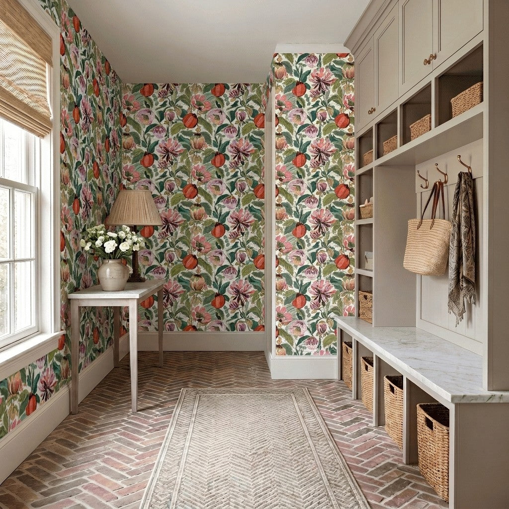 Summerfruit Blooms Faux Grasscloth Wallpaper