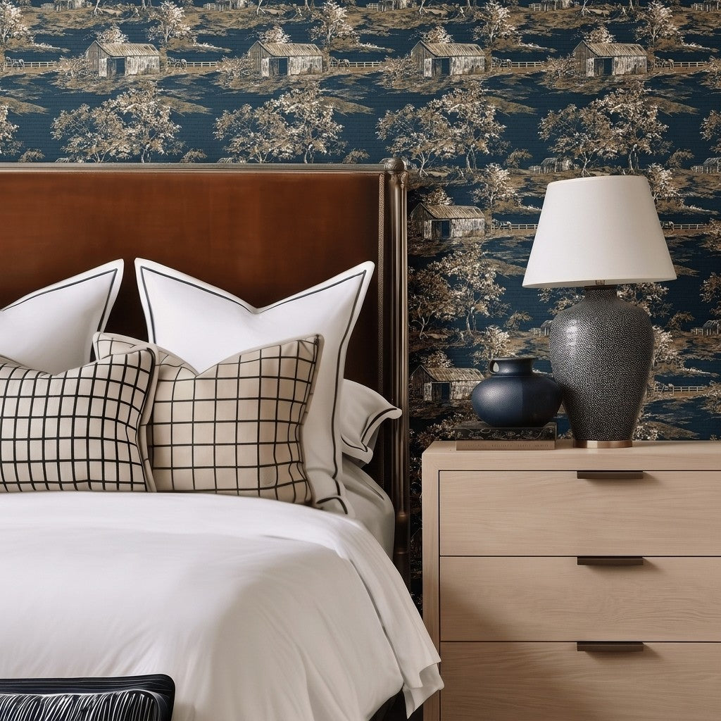 Countryside Toile Faux Grasscloth Wallpaper