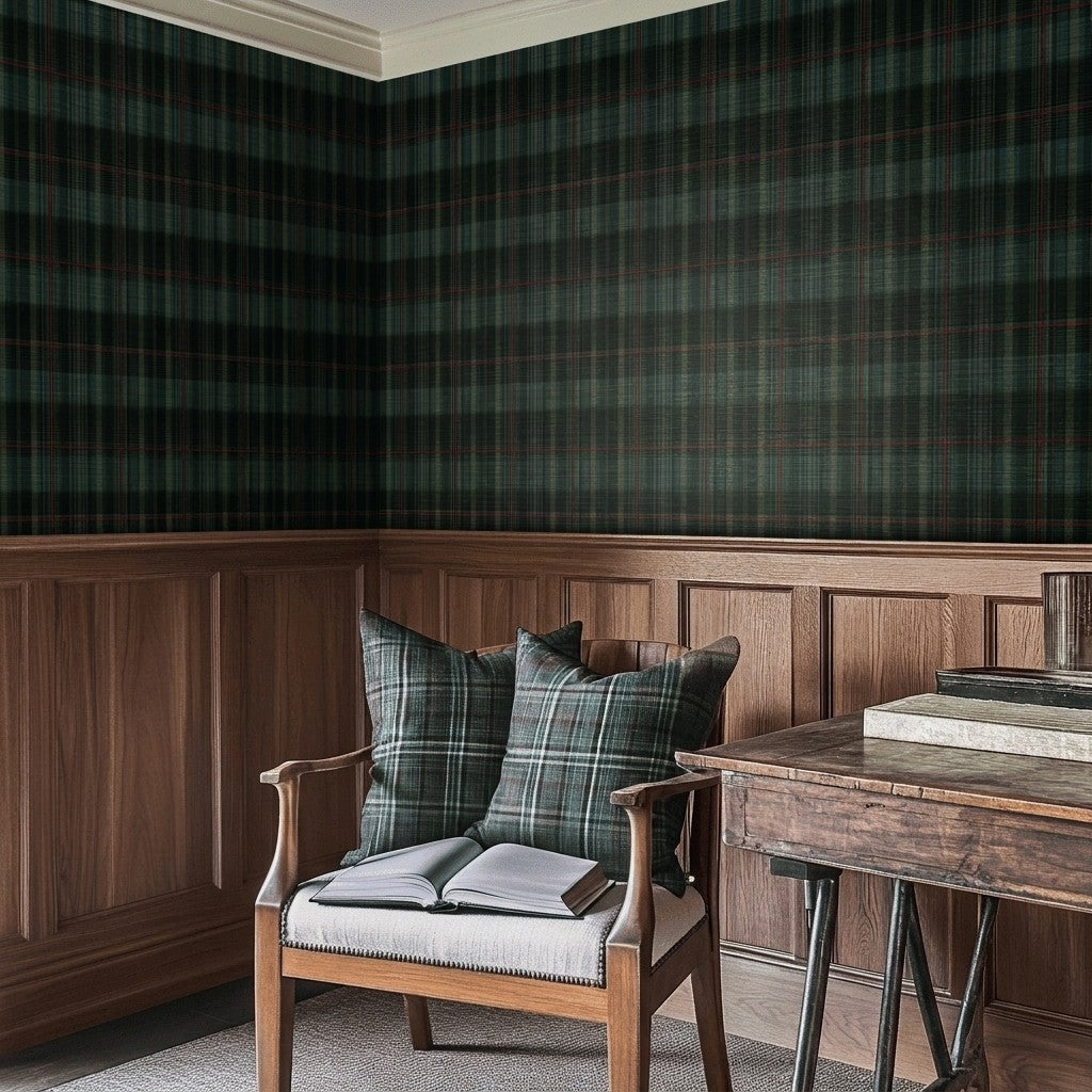 Classic Green Tartan Faux Grasscloth Wallpaper