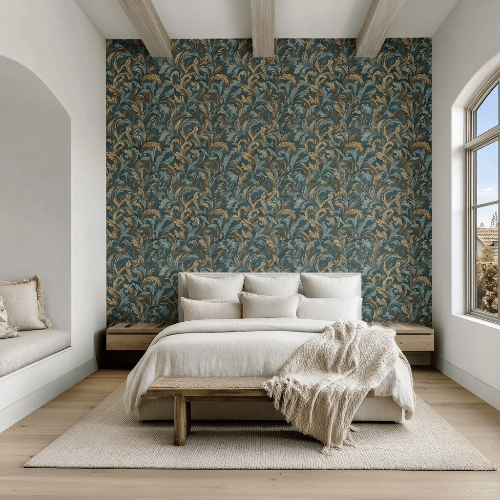 Verdigris Plume Faux Grasscloth Wallpaper
