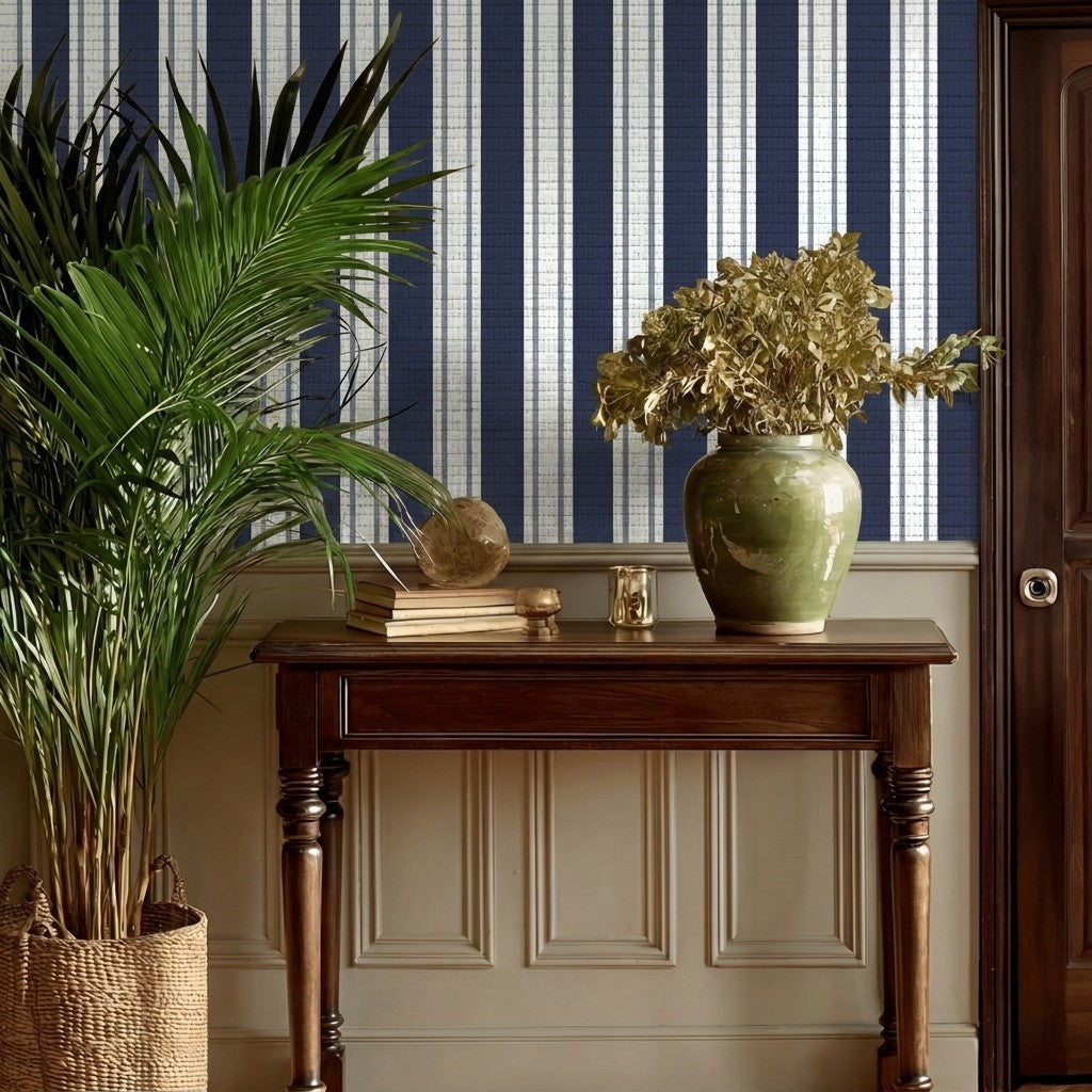 Pinstripe Blues Faux Grasscloth Wallpaper