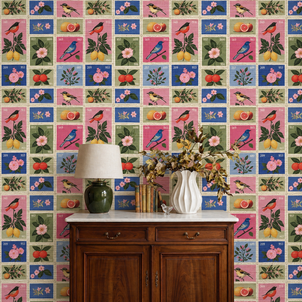 Songbird Stamps Faux Grasscloth Wallpaper