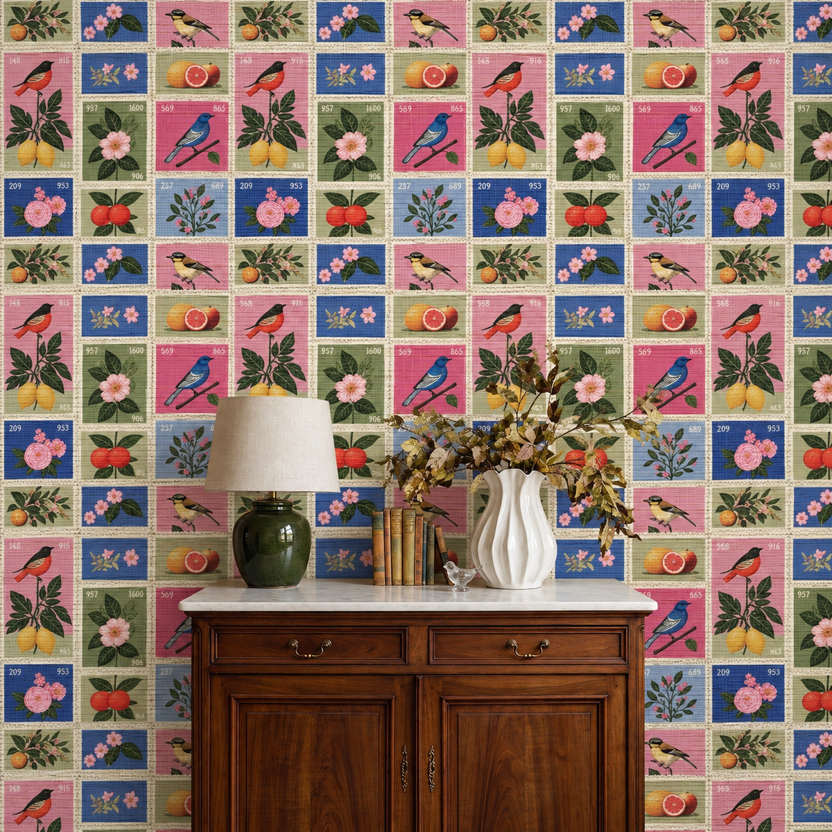 Songbird Stamps Faux Grasscloth Wallpaper