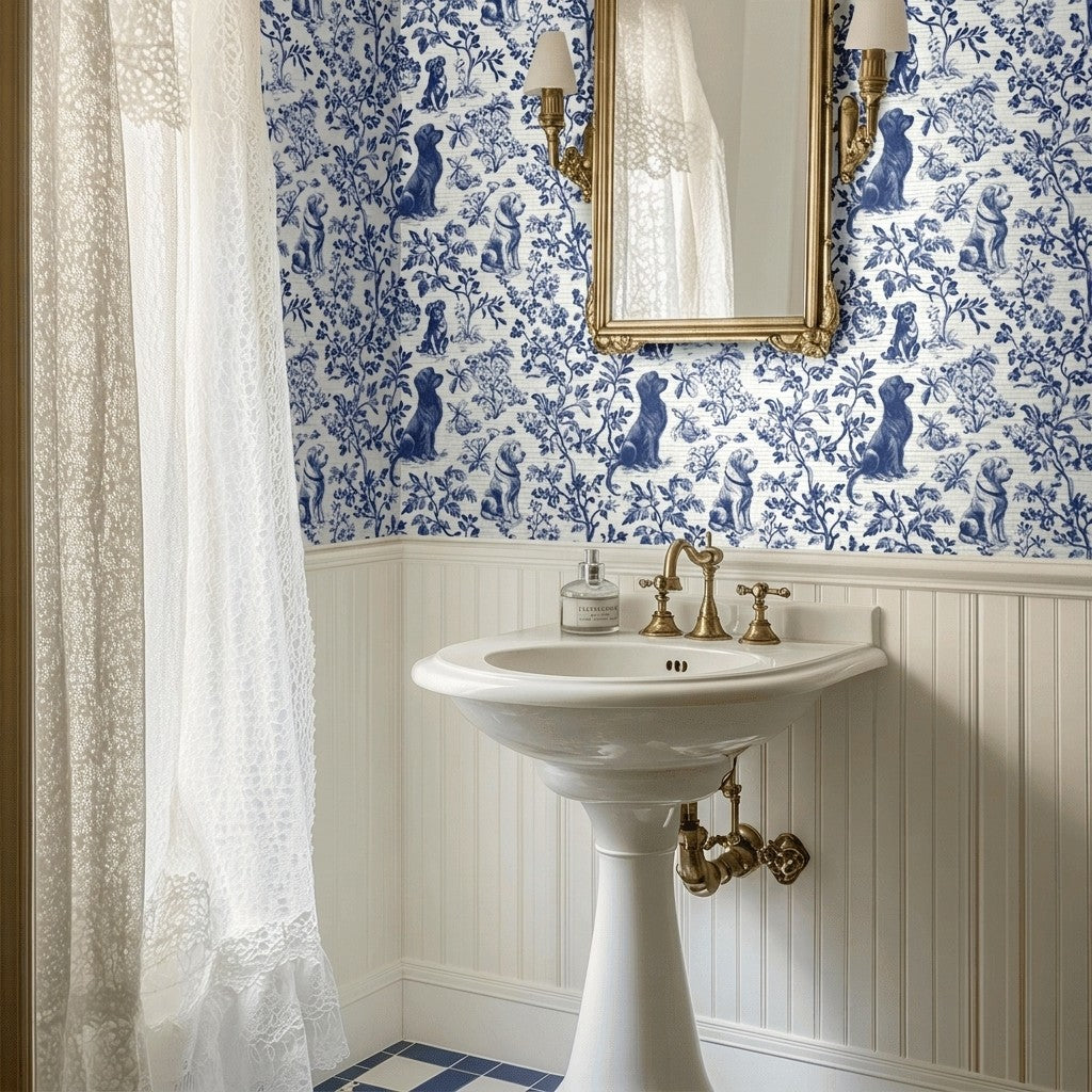 Blue & Bone Toile Faux Grasscloth Wallpaper