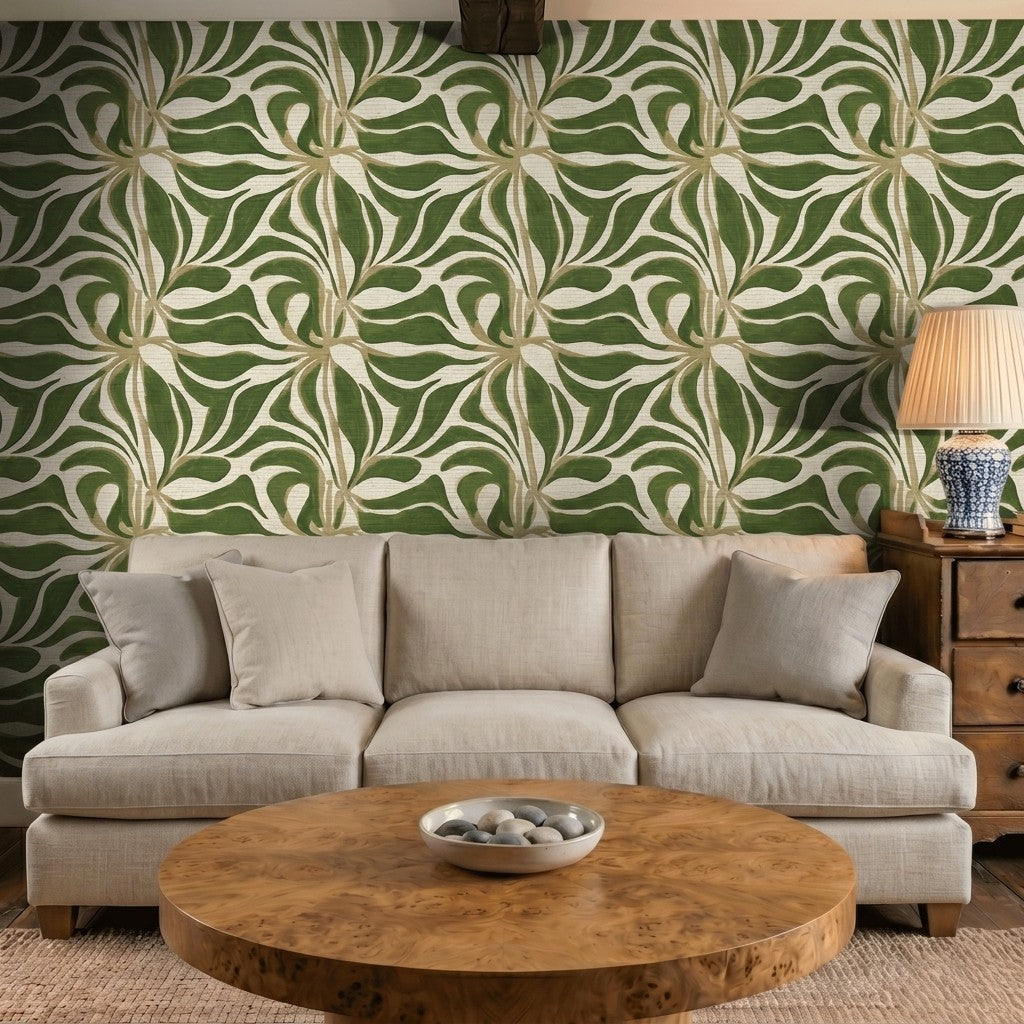 Abstract Flora Faux Grasscloth Wallpaper