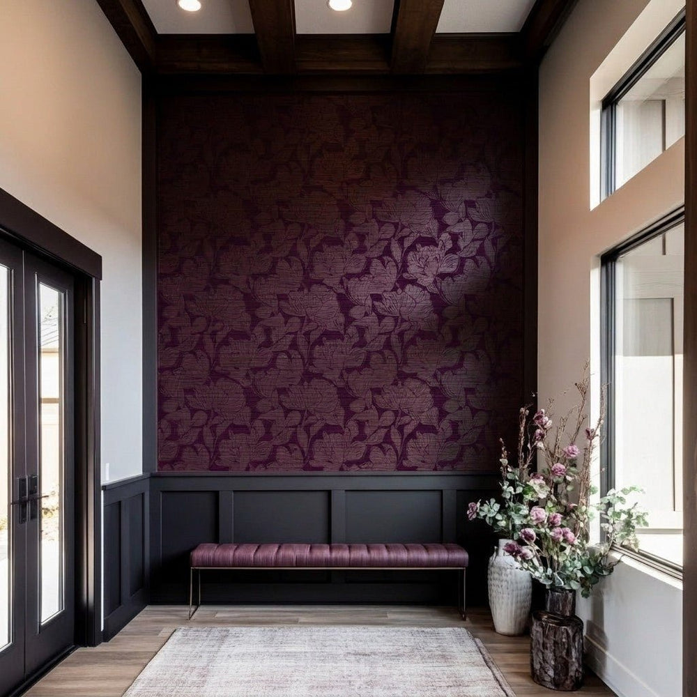 Berry Blossom Faux Grasscloth Wallpaper - Painted Paper