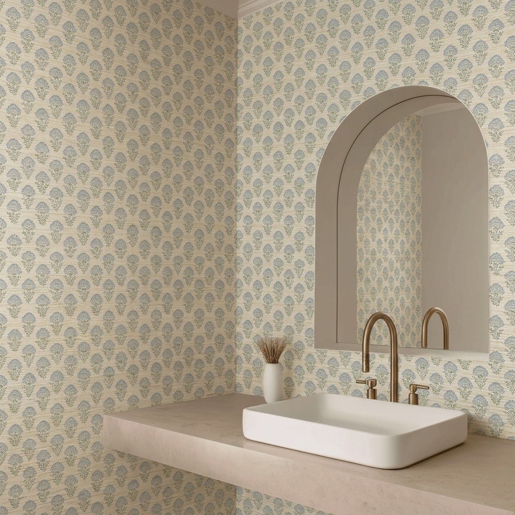 Blooming Blues Faux Grasscloth Wallpaper - Painted Paper