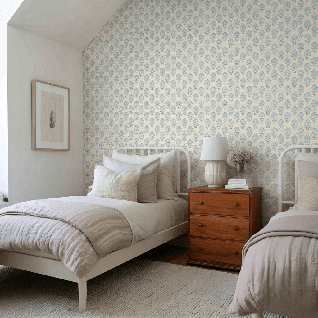 Blooming Blues Faux Grasscloth Wallpaper - Painted Paper