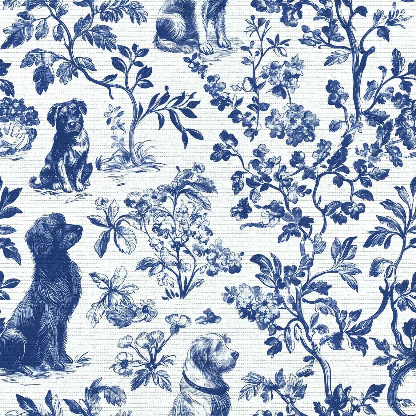 Blue & Bone Toile Faux Grasscloth Wallpaper