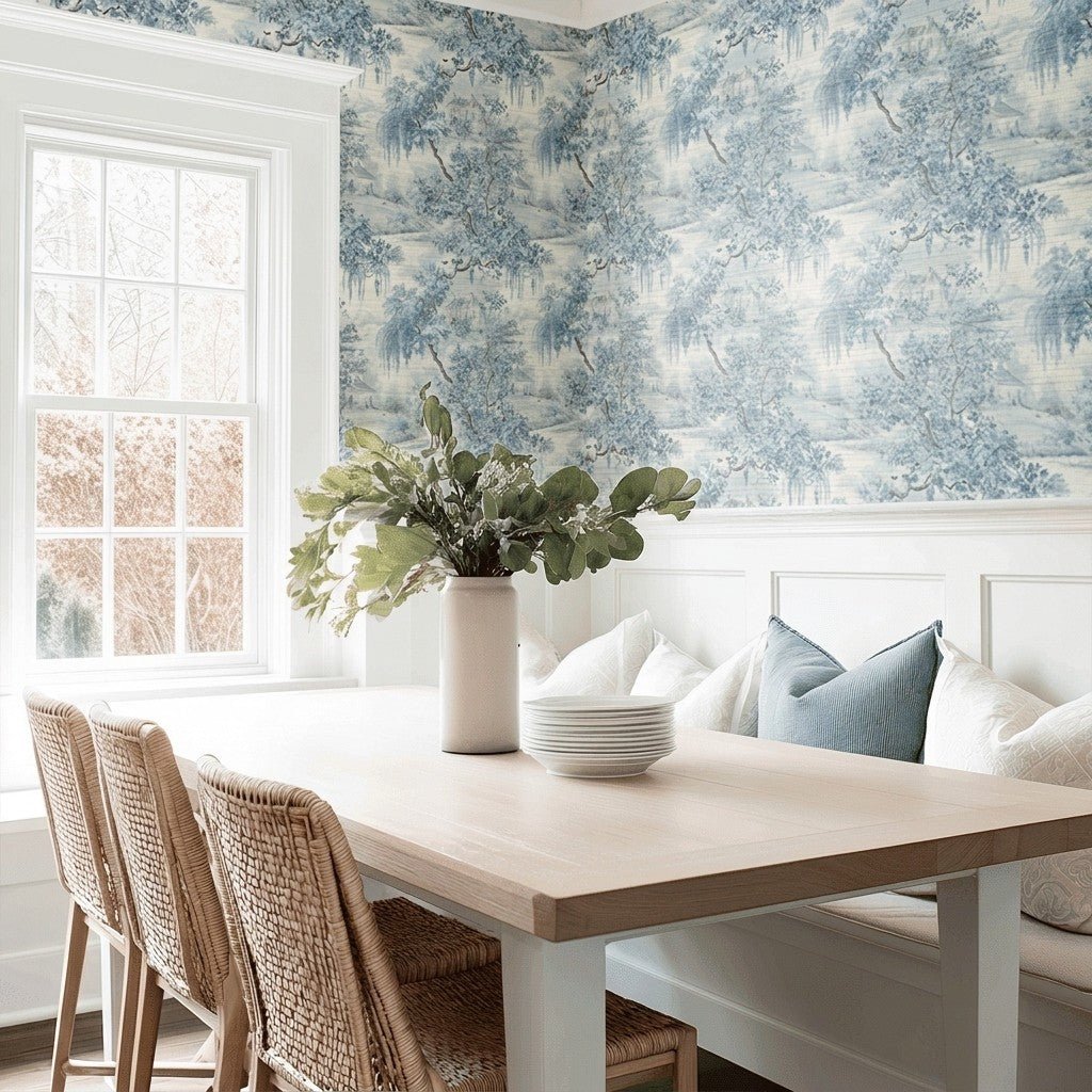 Blue Willow Faux Grasscloth Wallpaper - Painted Paper