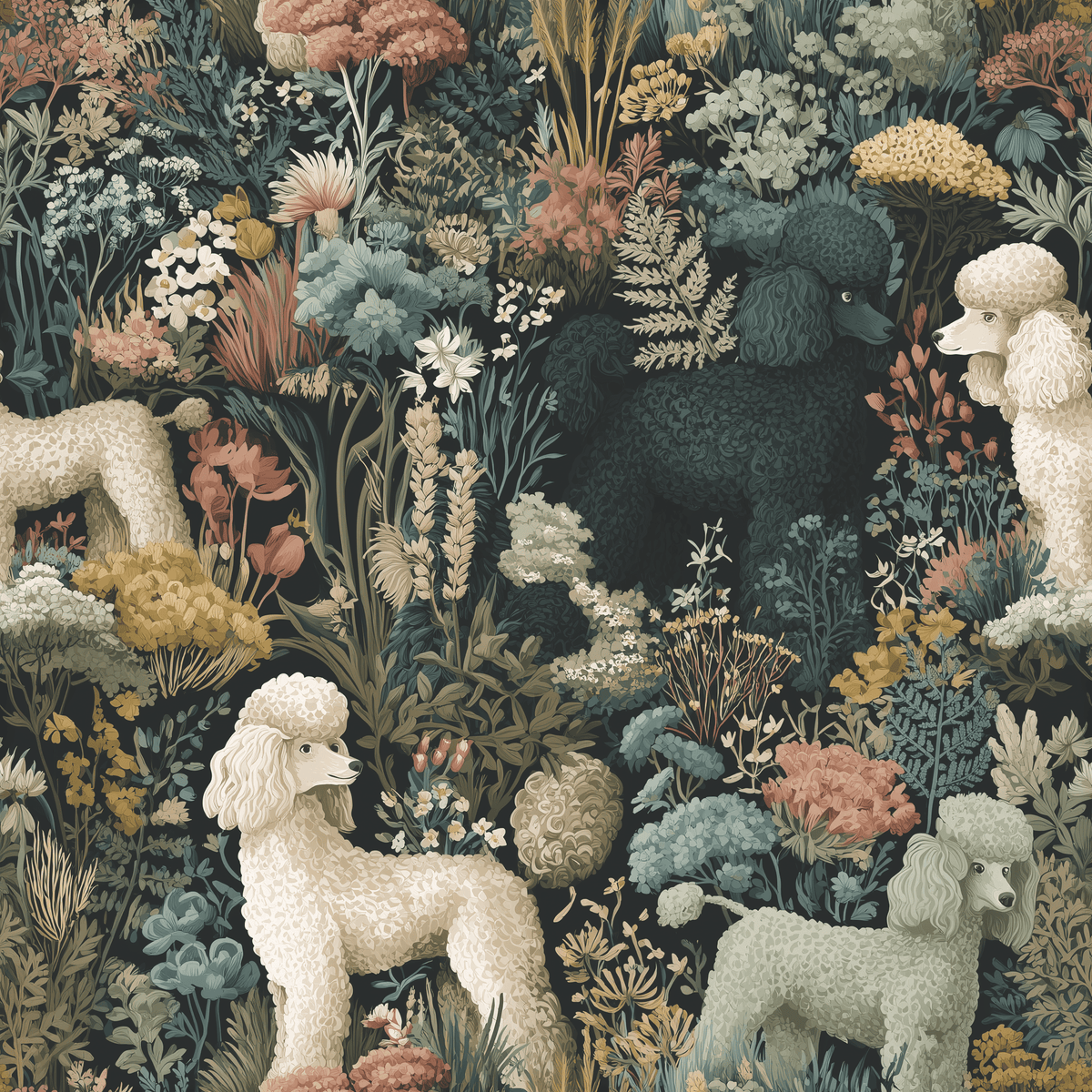 Botanical Poodles Wallpaper - Painted Paper