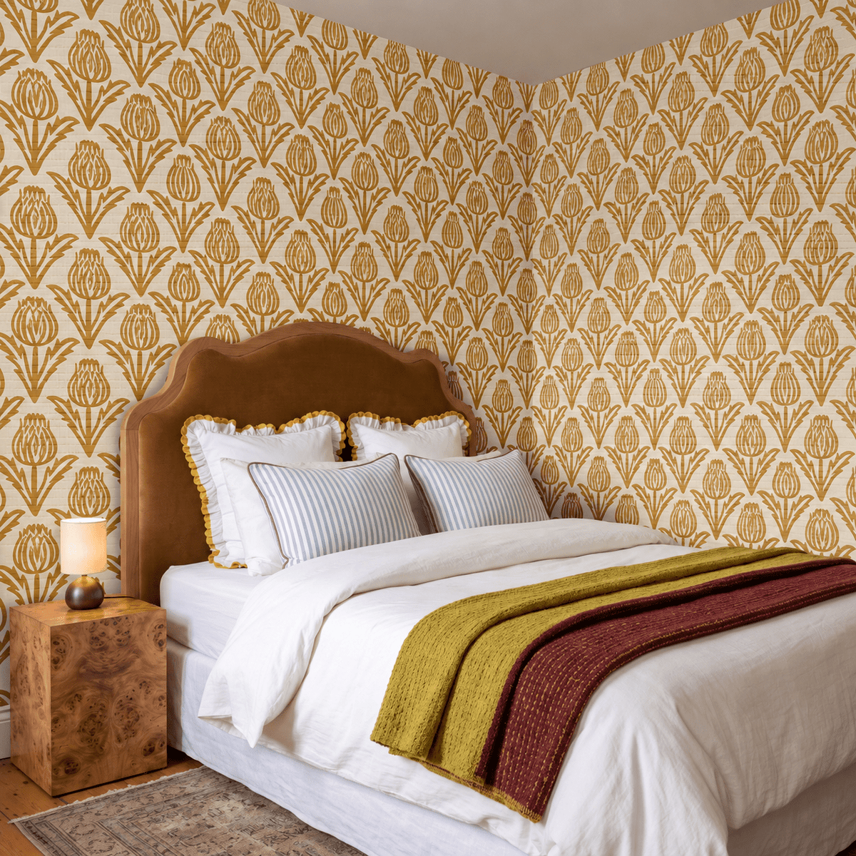 Bramble - Mustard Faux Grasscloth Wallpaper - Painted Paper