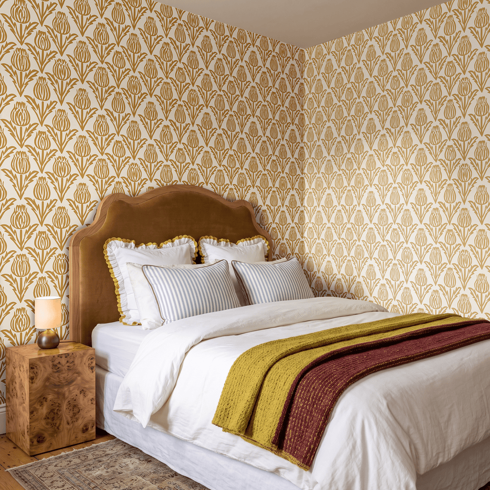 Bramble - Mustard - Small Scale Wallpaper - Painted Paper
