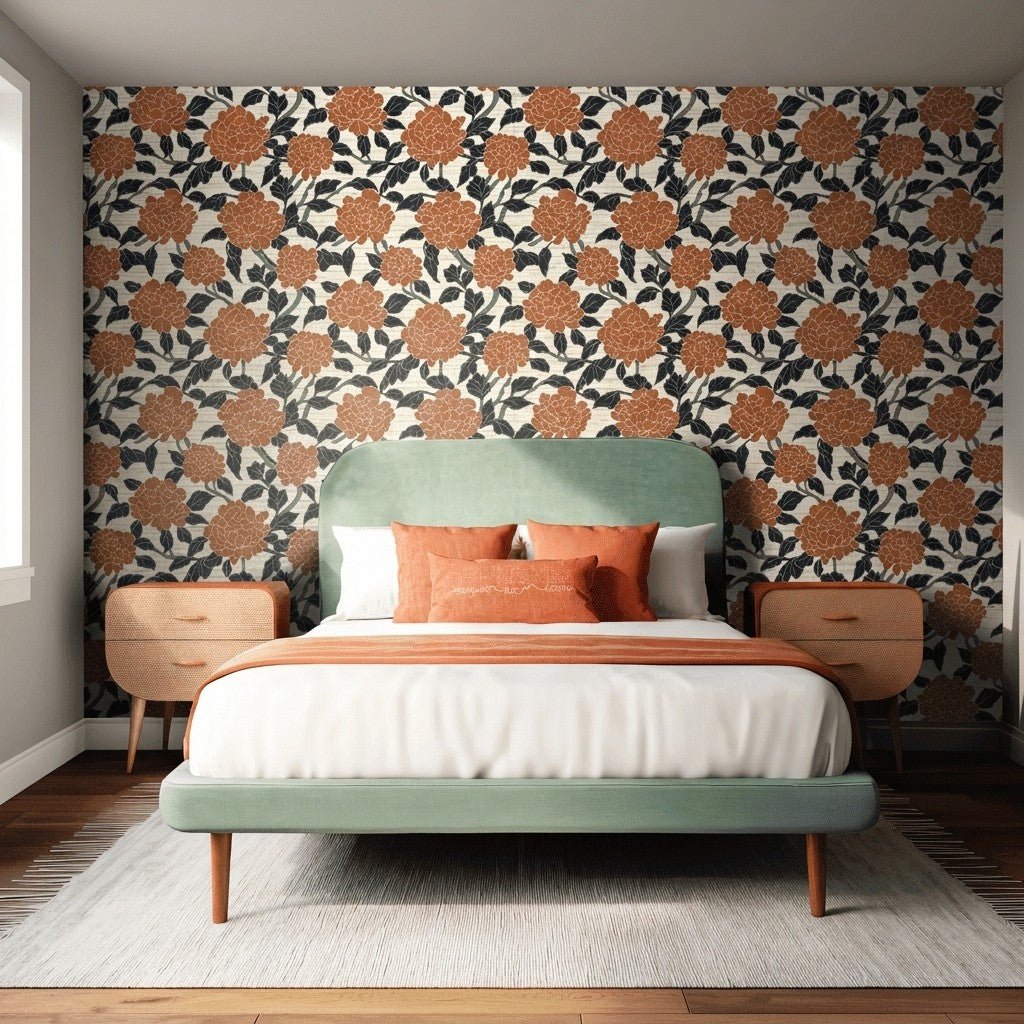 Chrysanthemum Night Faux Grasscloth Wallpaper - Painted Paper