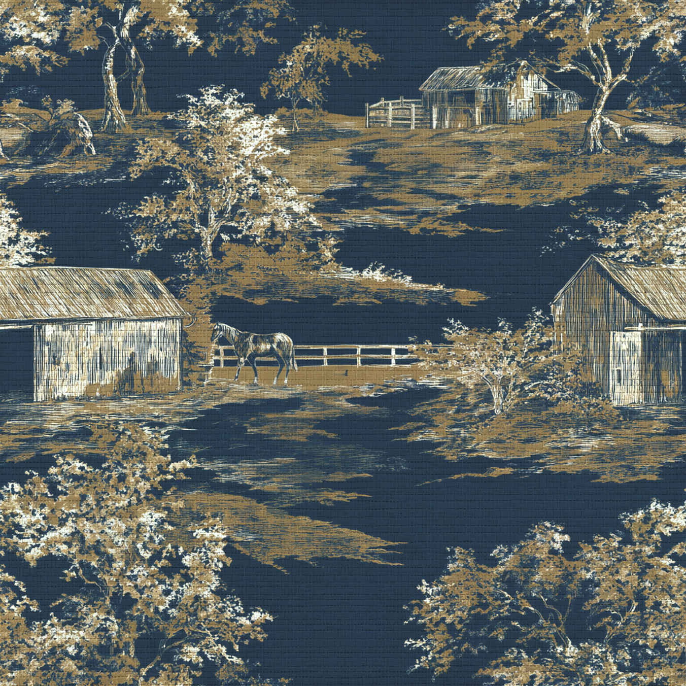 Countryside Toile Faux Grasscloth Wallpaper