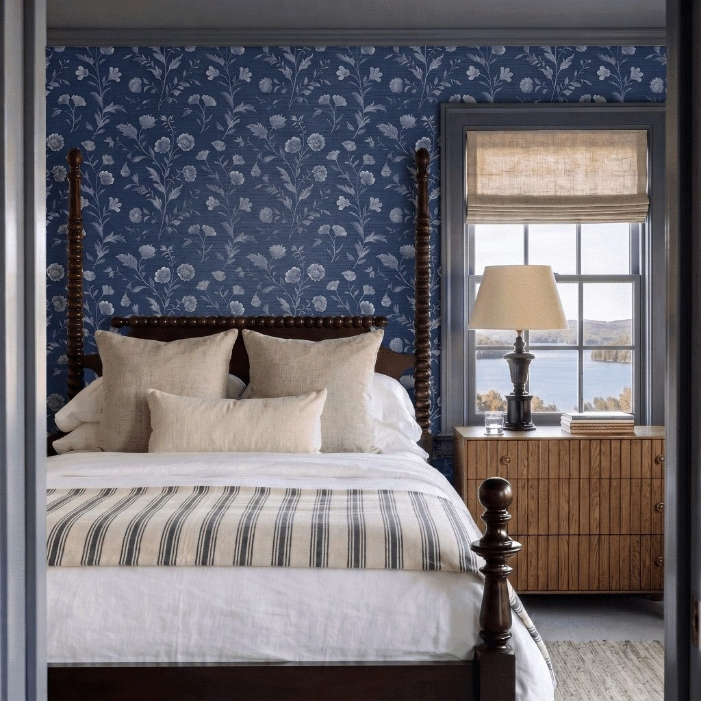 Embossed Blue Garden Faux Grasscloth Wallpaper