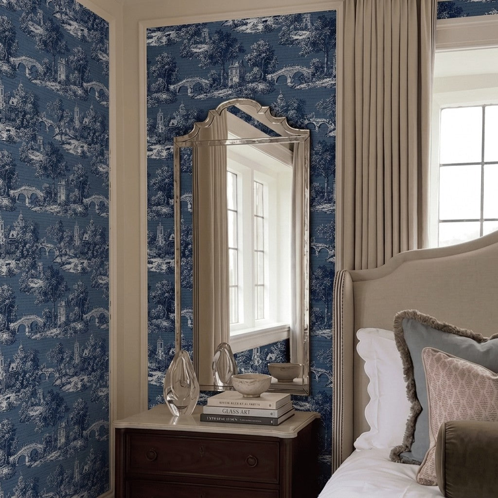 Parisian Stroll Toile Faux Grasscloth Wallpaper
