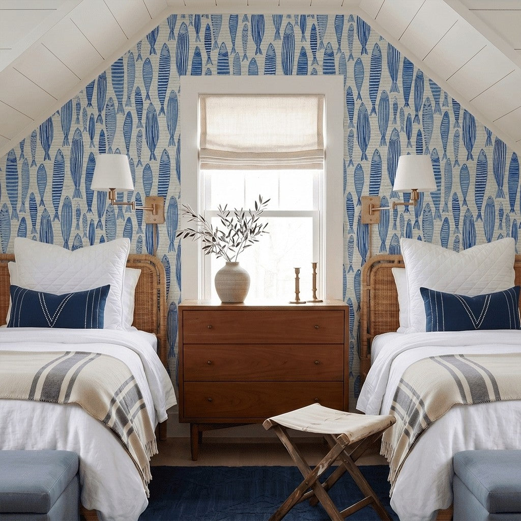 Tidal Fish Faux Grasscloth Wallpaper