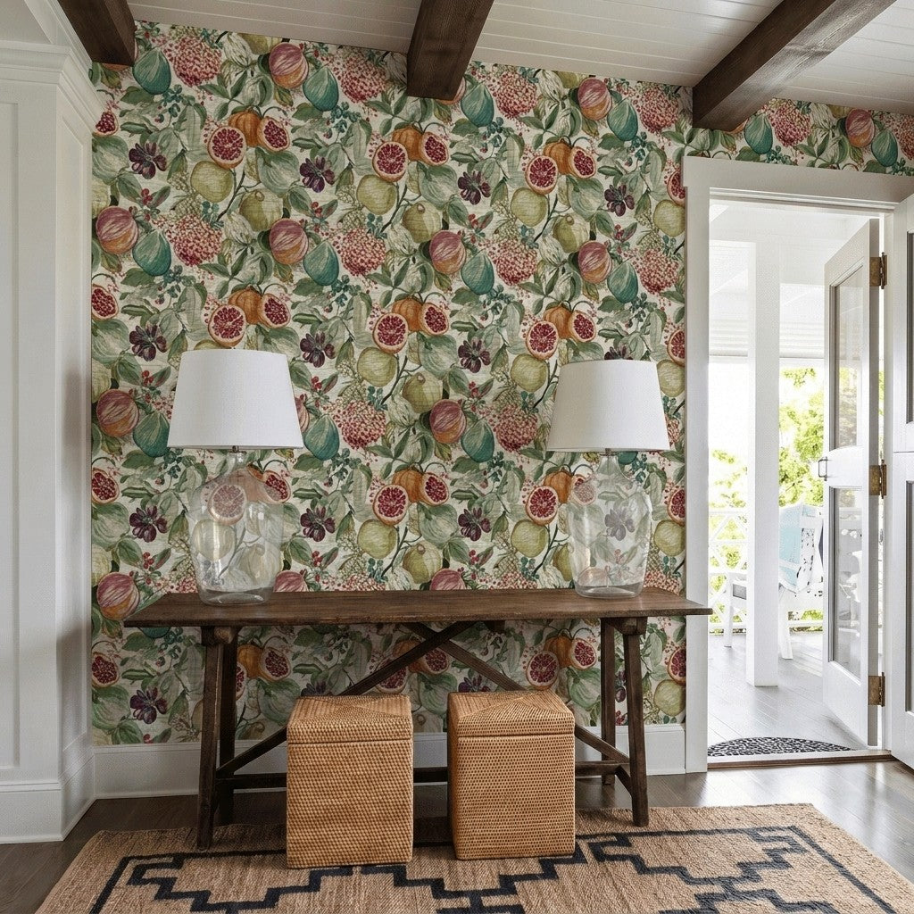 Pomegranate & Petals Faux Grasscloth Wallpaper