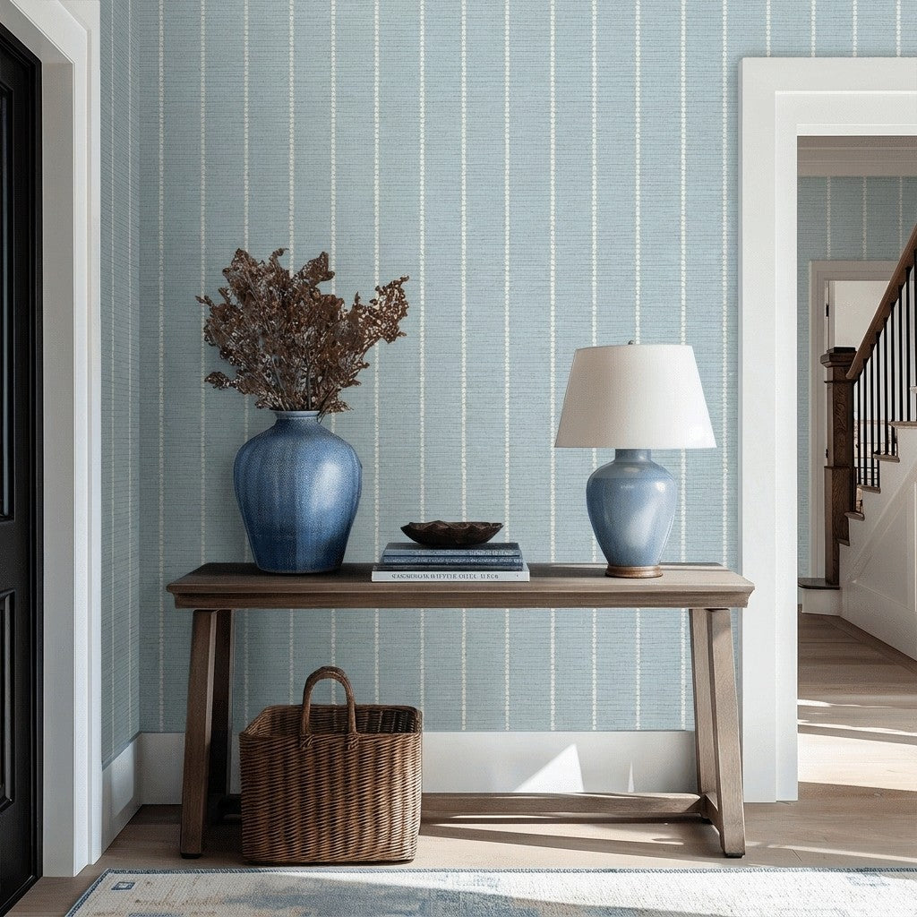 Araminta Blue Faux Grasscloth Wallpaper