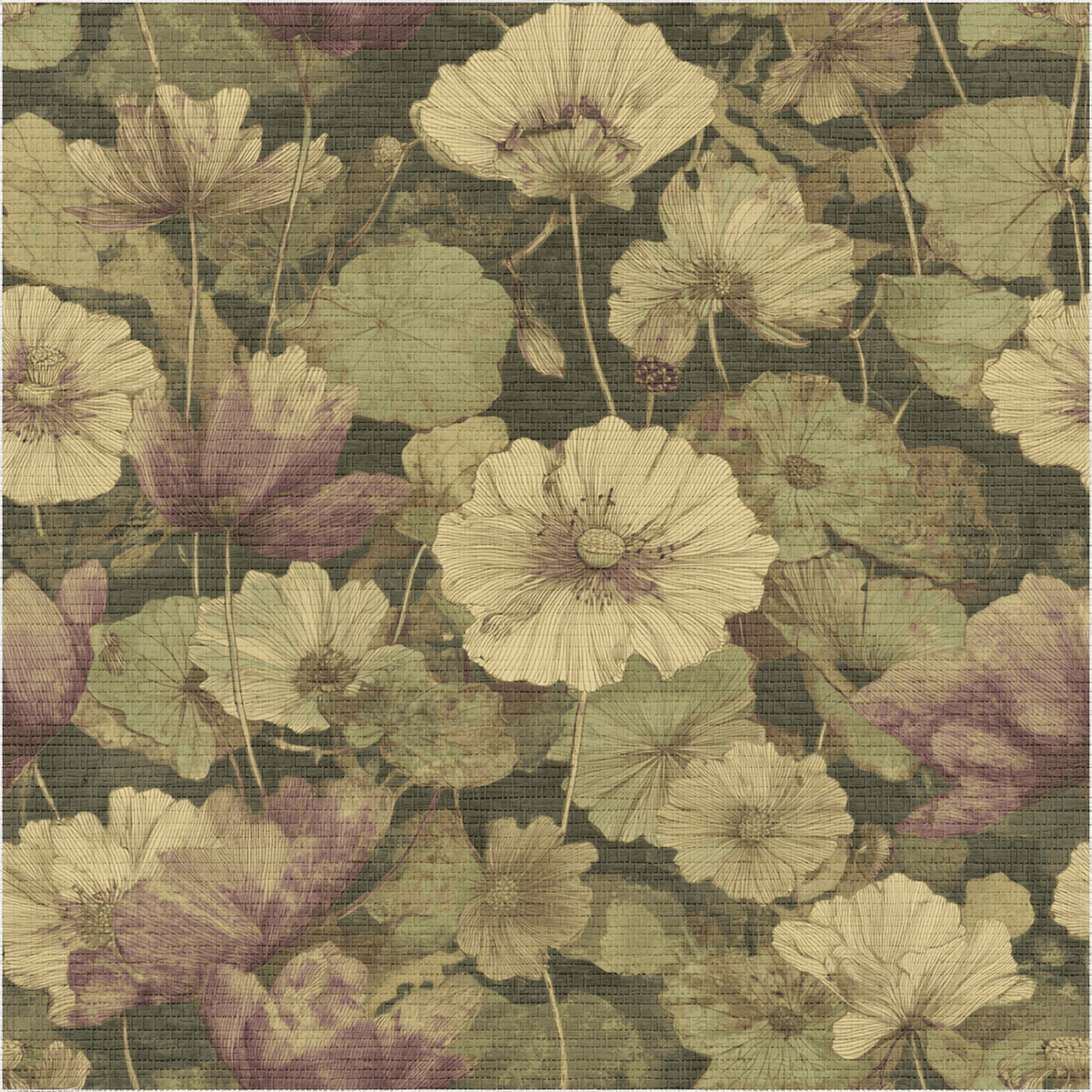 Floral Foliage Faux Grasscloth Wallpaper - Painted Paper