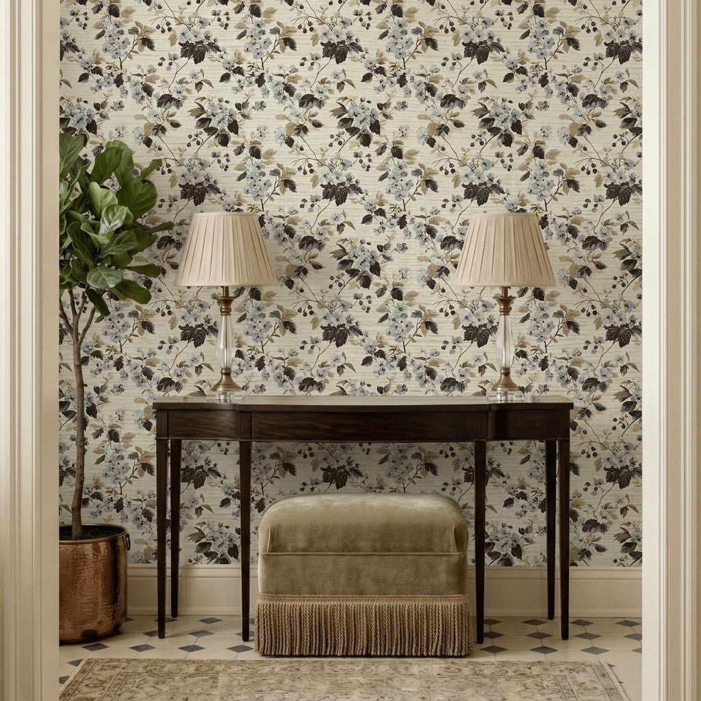 Florals & Vines Faux Grasscloth Wallpaper - Painted Paper