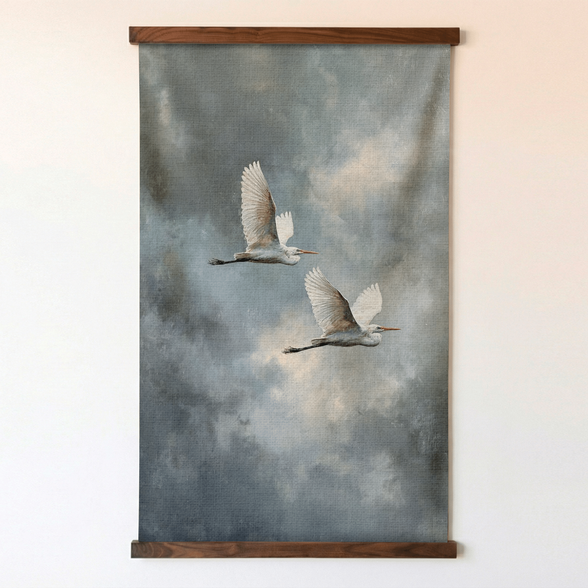 Great Egrets in Flight - Tapestry - Painted Paper