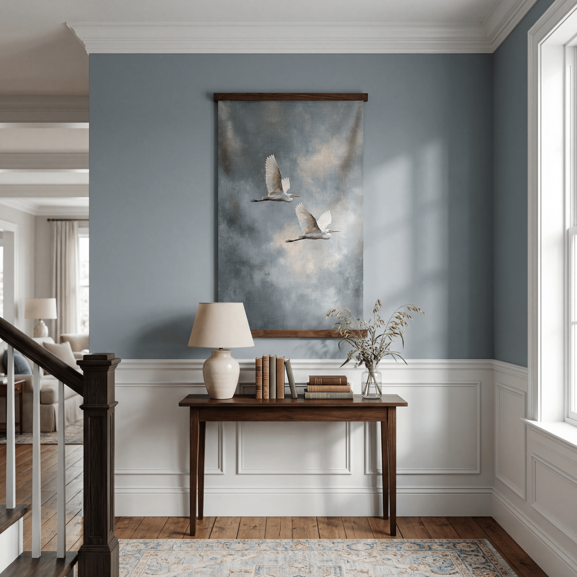 Great Egrets in Flight - Tapestry - Painted Paper