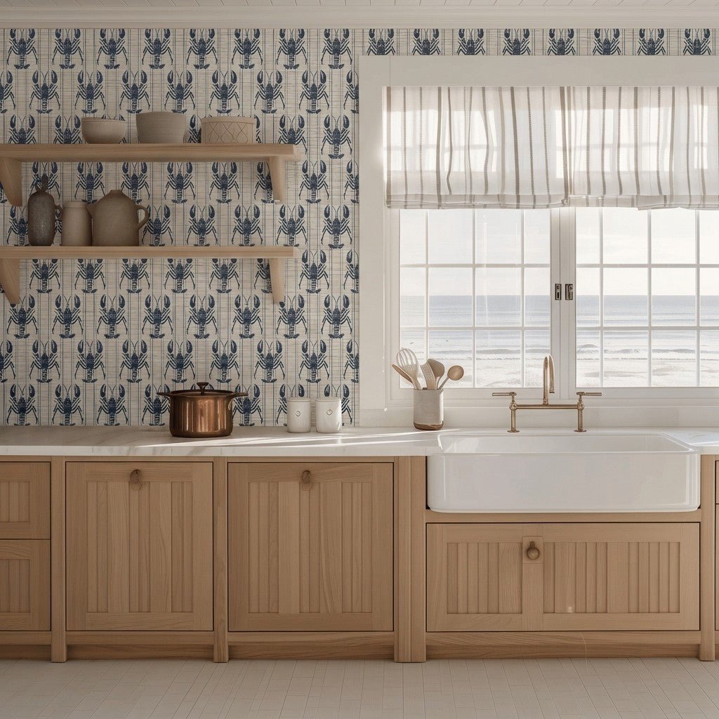 Harbor Lobsters Faux Grasscloth Wallpaper - Painted Paper
