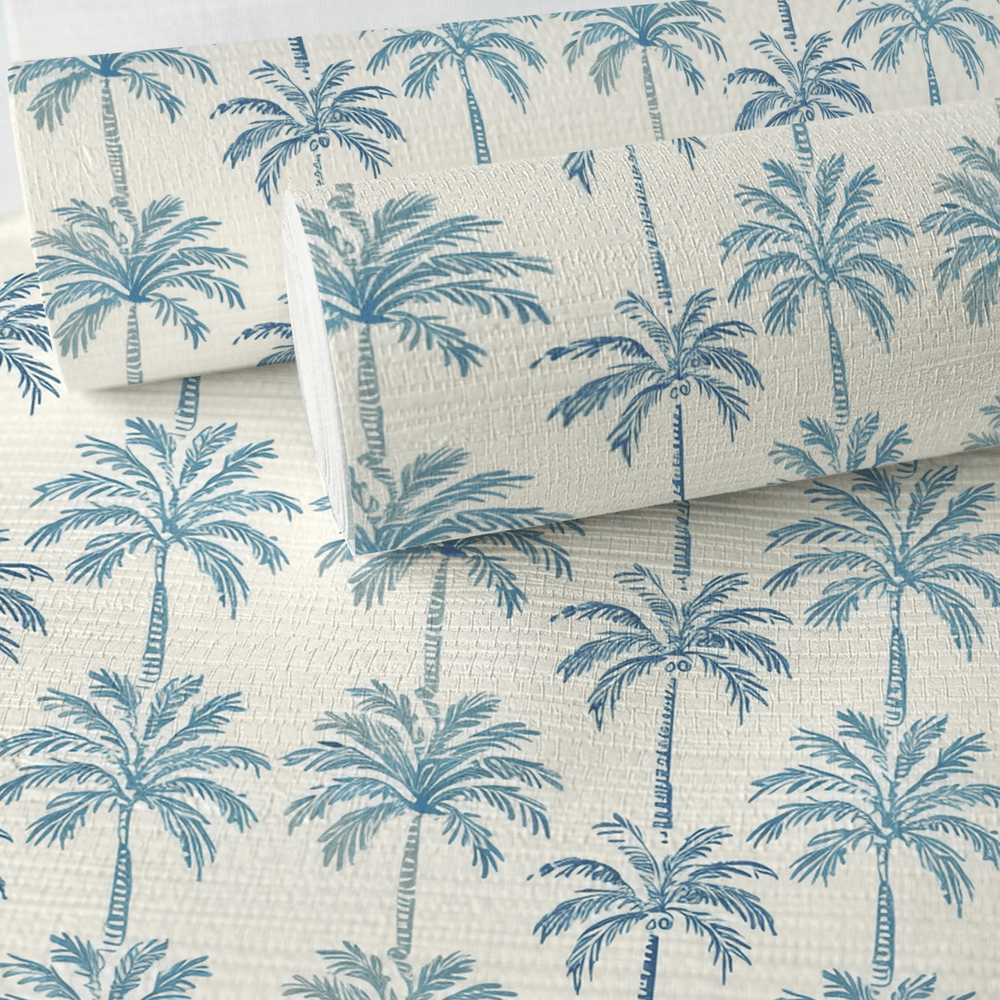 Indigo Palm Faux Grasscloth Wallpaper - Painted Paper