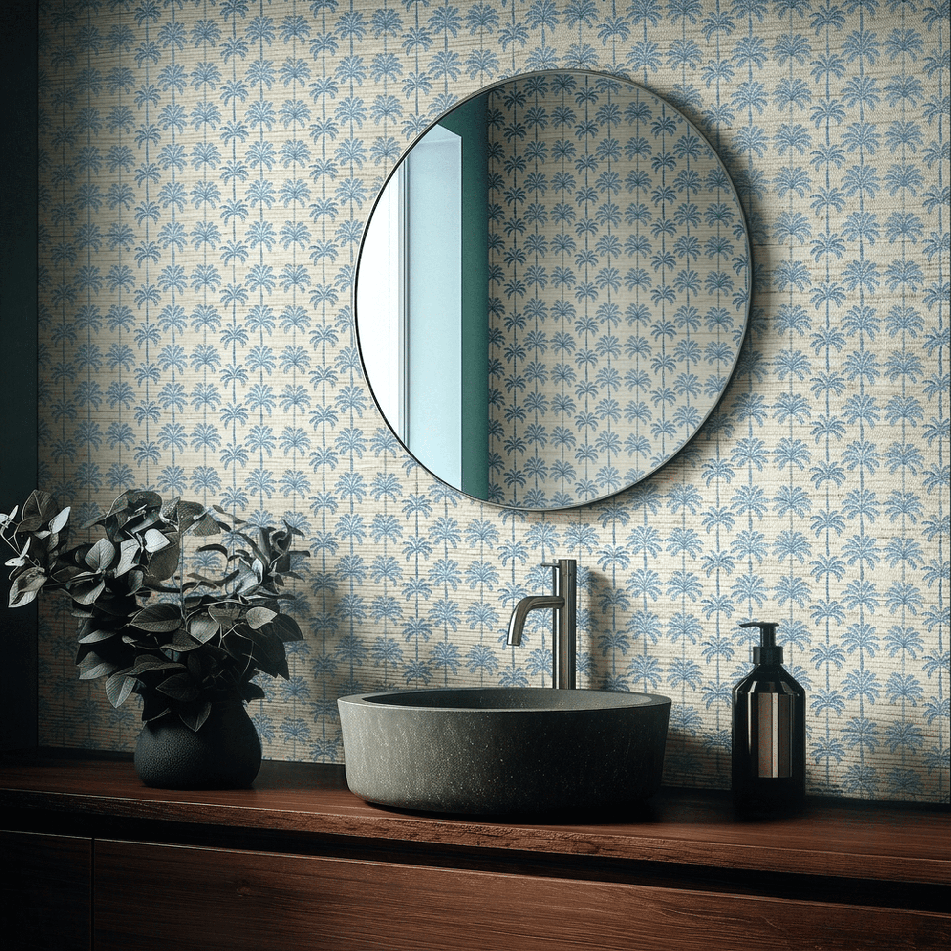 Indigo Palm Faux Grasscloth Wallpaper - Painted Paper