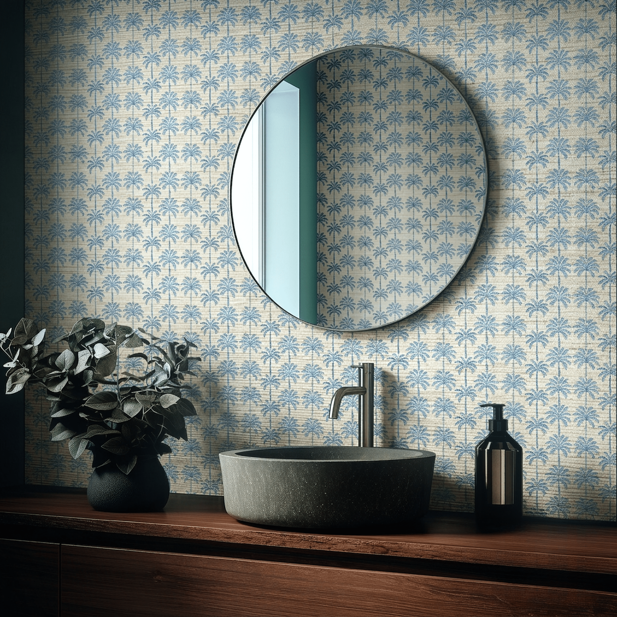 Indigo Palm Faux Grasscloth Wallpaper - Painted Paper