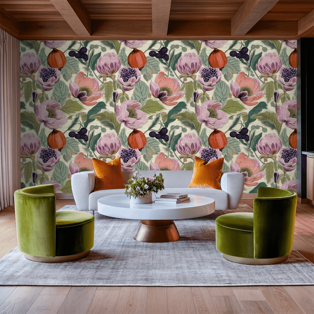 Margo Fruit Floral Faux Grasscloth Wallpaper - Painted Paper