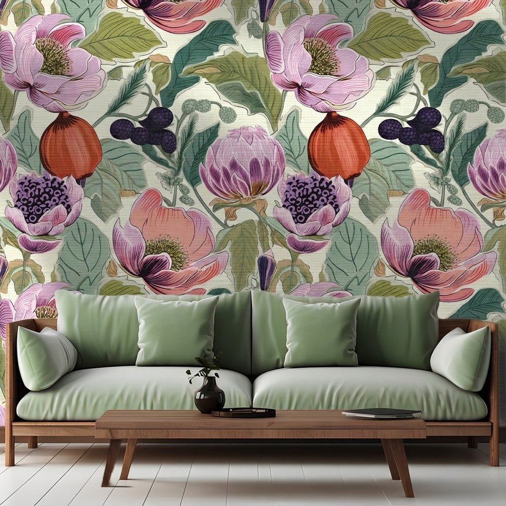 Margo Fruit Floral Faux Grasscloth Wallpaper - Painted Paper
