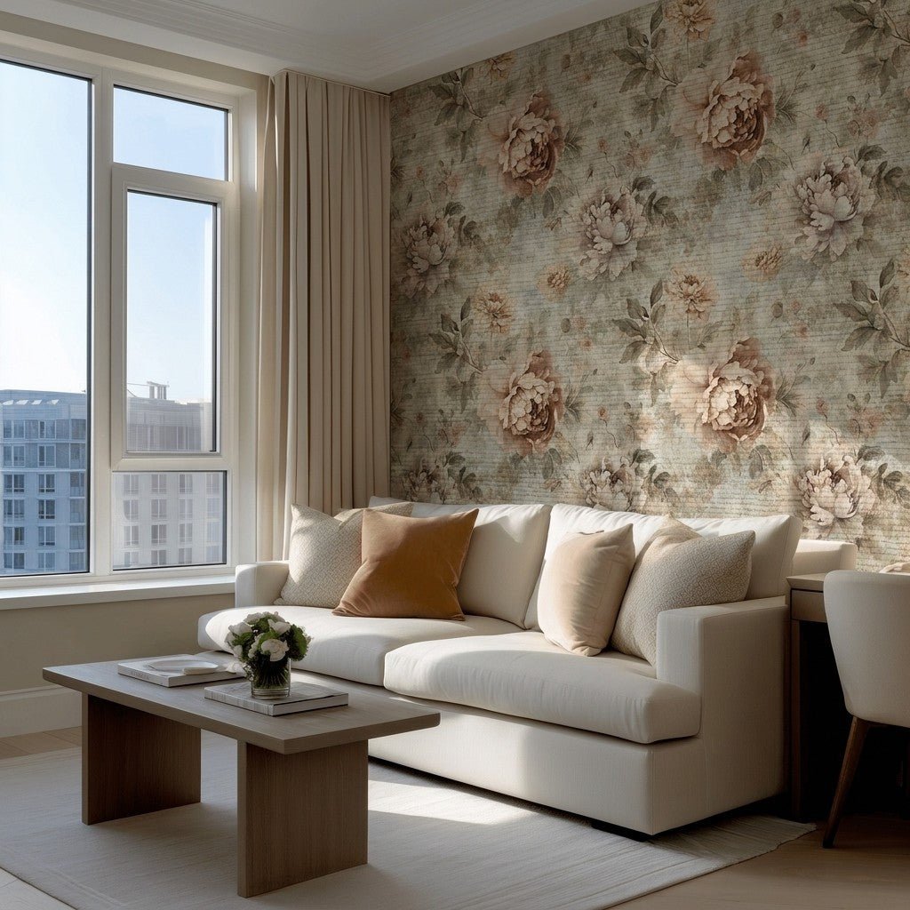 Peony Whispers Faux Grasscloth Wallpaper - Painted Paper