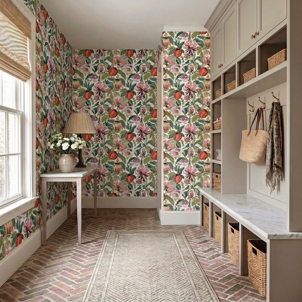 Summerfruit Blooms Faux Grasscloth Wallpaper - Painted Paper
