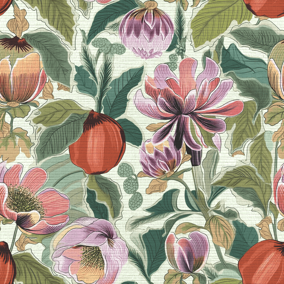 Summerfruit Blooms Faux Grasscloth Wallpaper - Painted Paper