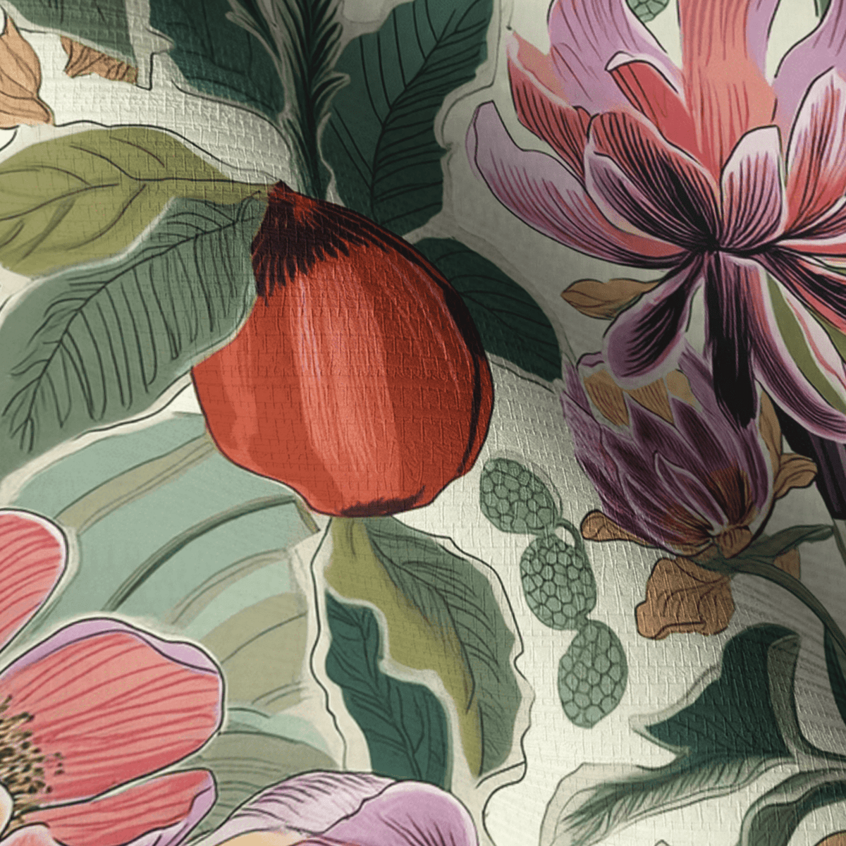 Summerfruit Blooms Faux Grasscloth Wallpaper - Painted Paper
