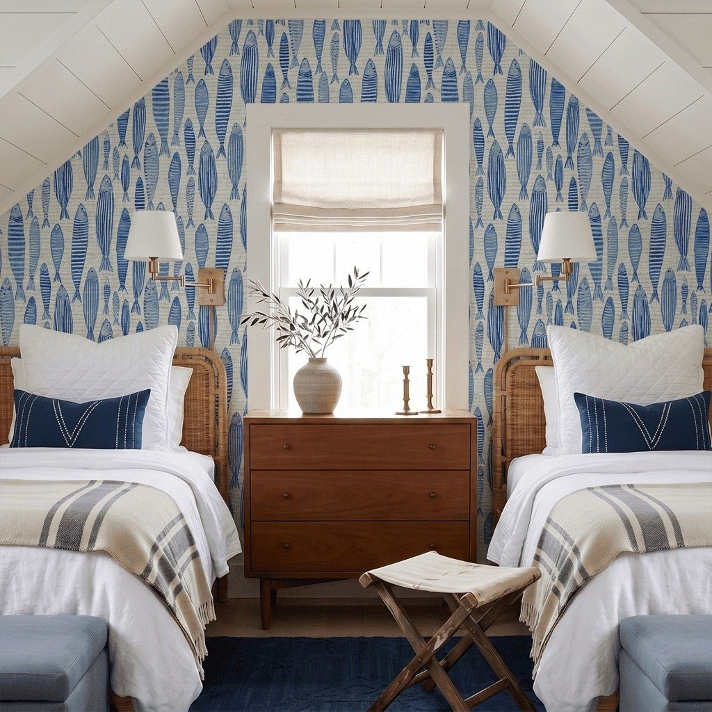 Tidal Fish Faux Grasscloth Wallpaper - Painted Paper