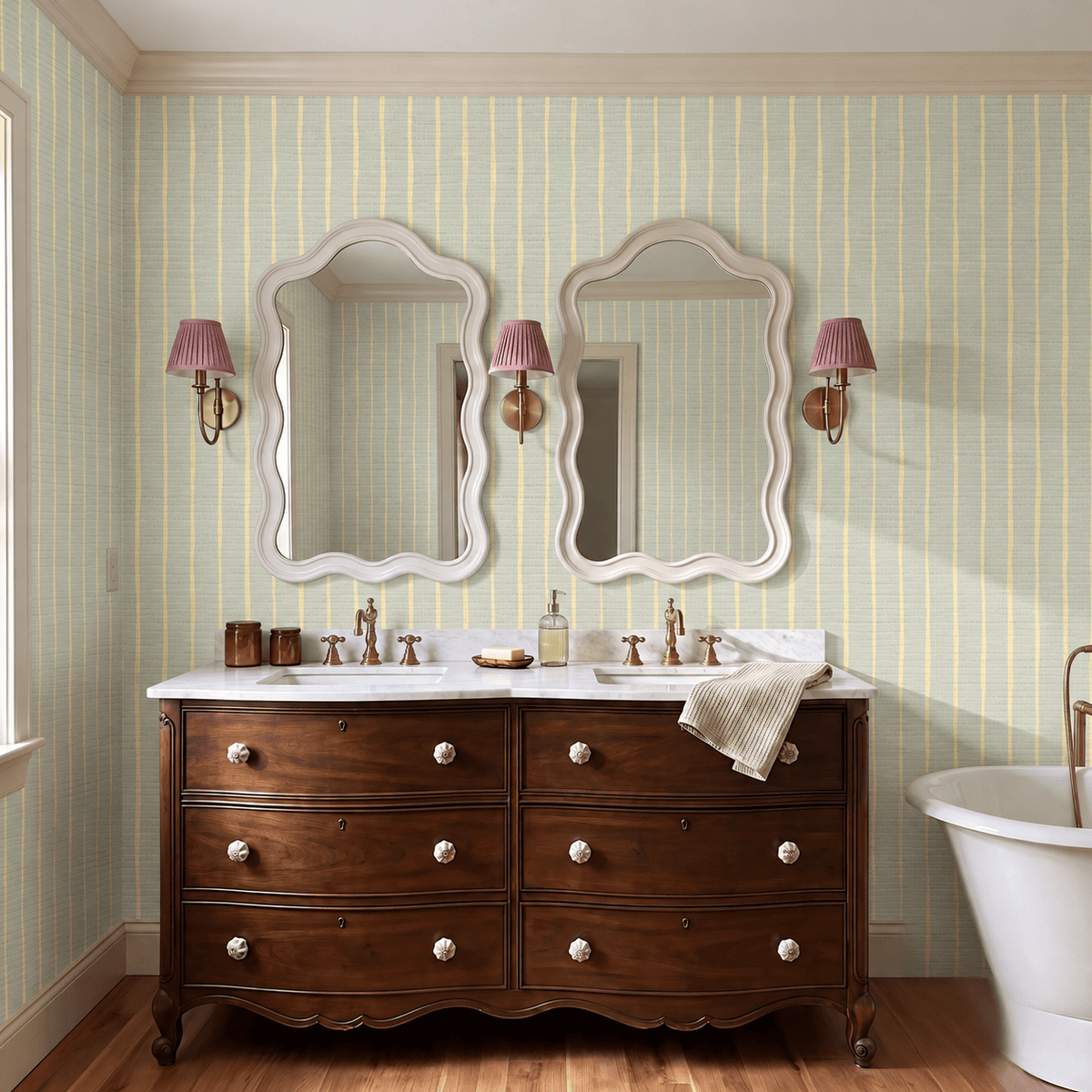 Waterline - Sage & Butter Faux Grasscloth Wallpaper - Painted Paper